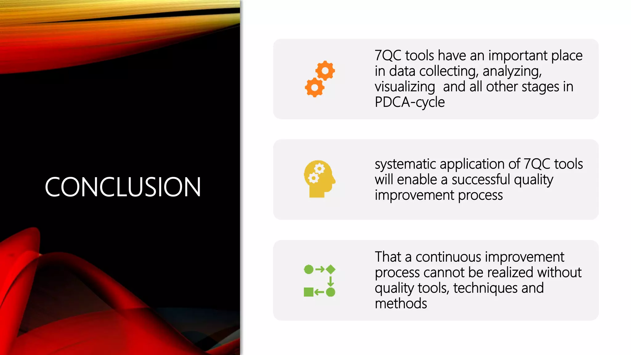 CONCLUSION
7QC tools have an important place
in data collecting, analyzing,
visualizing and all other stages in
PDCA-cycle
systematic application of 7QC tools
will enable a successful quality
improvement process
That a continuous improvement
process cannot be realized without
quality tools, techniques and
methods
 