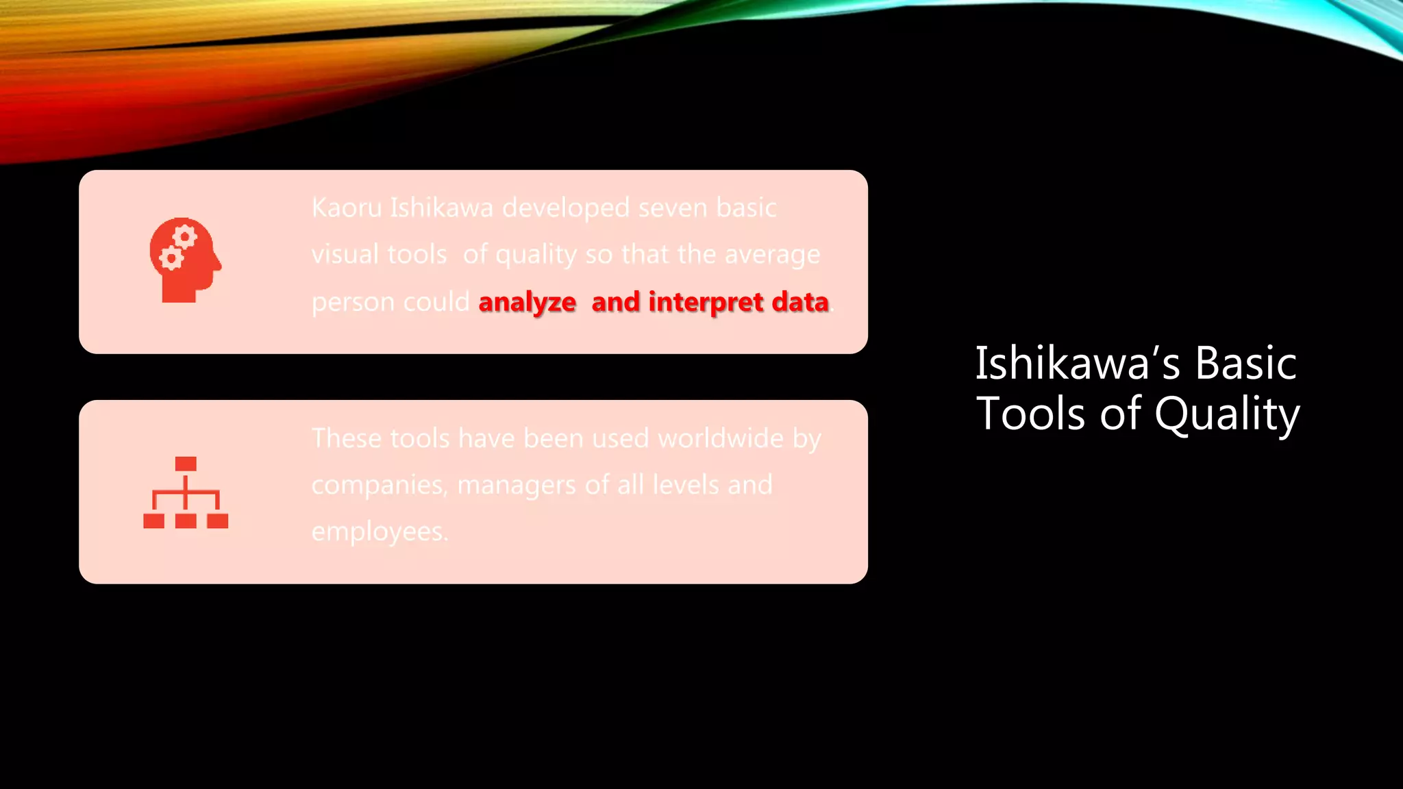 Ishikawa’s Basic
Tools of Quality
Kaoru Ishikawa developed seven basic
visual tools of quality so that the average
person could analyze and interpret data.
These tools have been used worldwide by
companies, managers of all levels and
employees.
 