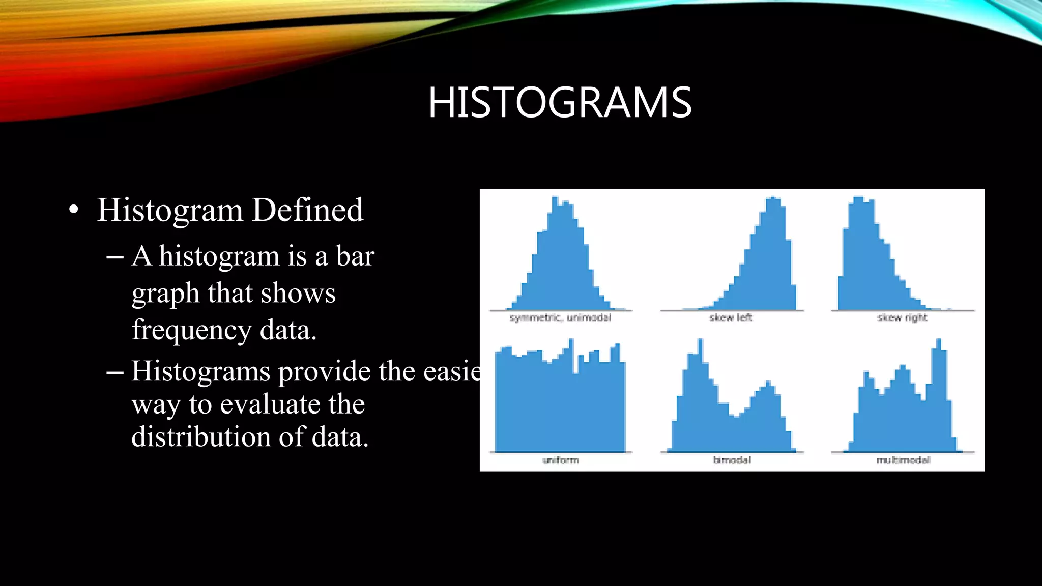 HISTOGRAMS
• Histogram Defined
– A histogram is a bar
graph that shows
frequency data.
– Histograms provide the easiest
way to evaluate the
distribution of data.
 