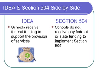IDEA & Section 504 Side by Side IDEA Schools receive federal funding to support the provision of services SECTION 504 Schools do not receive any federal or state funding to implement Section 504 