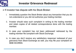 Investor Grievance Redressal
35
If investor has dispute with his Stock Broker:
i. Immediately question the Stock Broker a...