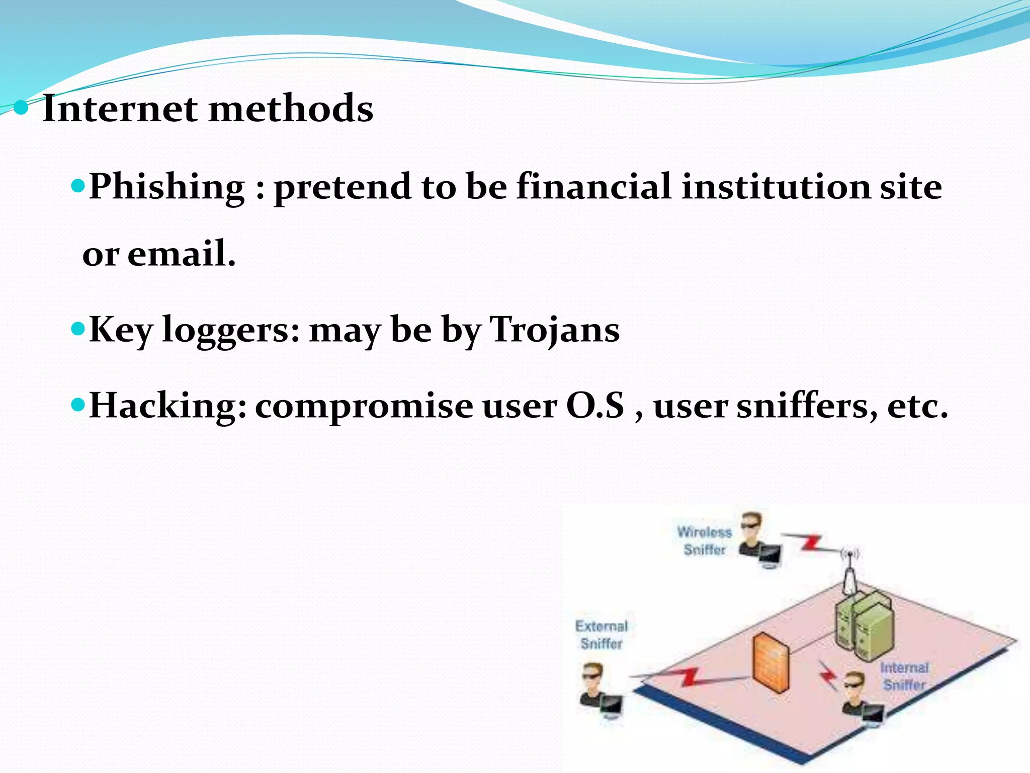  Internet methods
Phishing : pretend to be financial institution site
or email.
Key loggers: may be by Trojans
Hacking: compromise user O.S , user sniffers, etc.
 