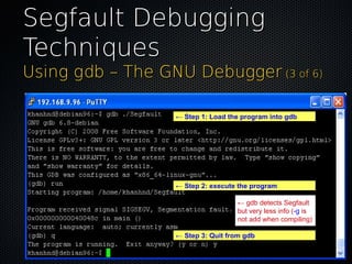 Segfault DebuggingSegfault Debugging
TechniquesTechniques
Using gdb – The GNU DebuggerUsing gdb – The GNU Debugger (3 of 6...