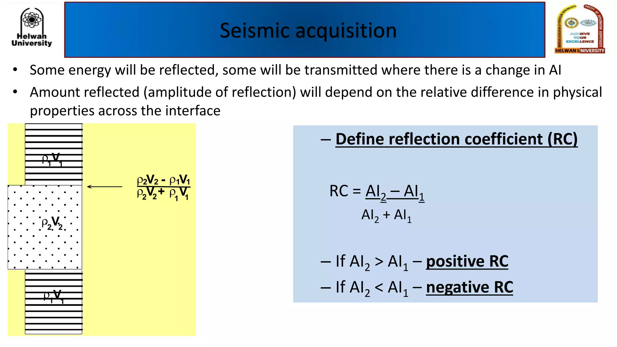 Seismic acquisition
• Some energy will be reflected, some will be transmitted where there is a change in AI
• Amount reflected (amplitude of reflection) will depend on the relative difference in physical
properties across the interface
V11
V11
V22
V - V
V + V
2 2
2 2 11
11
– Define reflection coefficient (RC)
RC = AI2 – AI1
AI2 + AI1
– If AI2 > AI1 – positive RC
– If AI2 < AI1 – negative RC
 