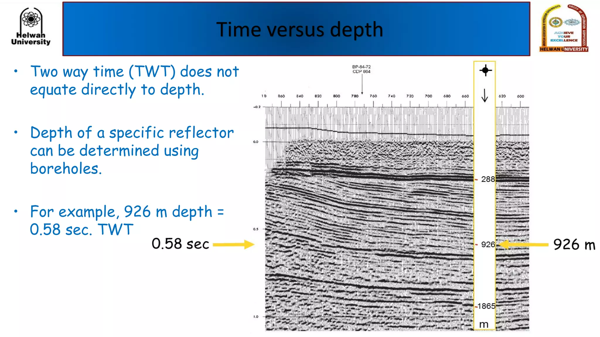 Time versus depth
• Two way time (TWT) does not
equate directly to depth.
• Depth of a specific reflector
can be determined using
boreholes.
• For example, 926 m depth =
0.58 sec. TWT
 