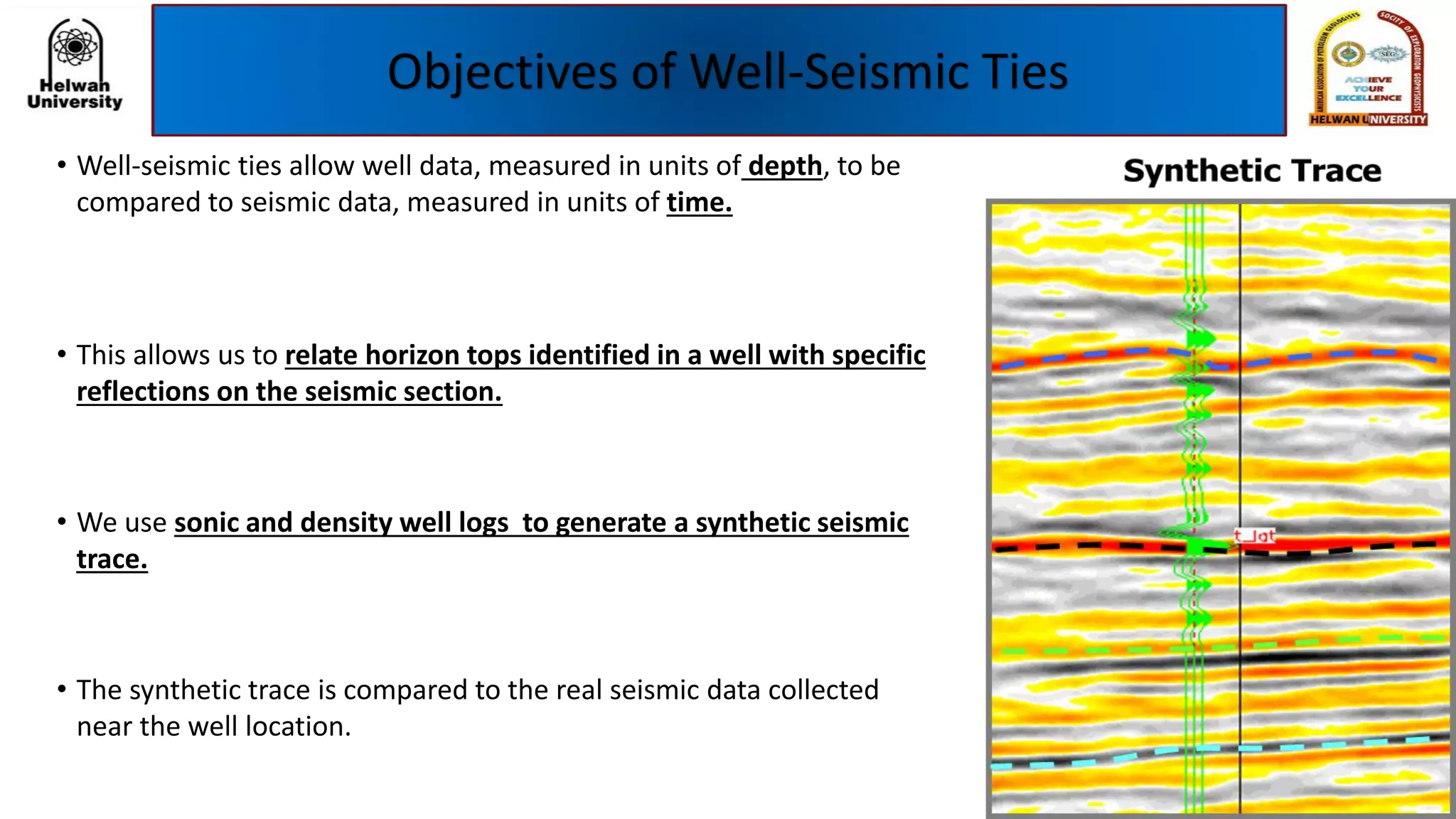 Objectives of Well-Seismic Ties
• Well-seismic ties allow well data, measured in units of depth, to be
compared to seismic data, measured in units of time.
• This allows us to relate horizon tops identified in a well with specific
reflections on the seismic section.
• We use sonic and density well logs to generate a synthetic seismic
trace.
• The synthetic trace is compared to the real seismic data collected
near the well location.
 