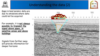 Understanding the data (2)
Signals from farther away
will provide information for
deeper horizons
Gaps in land seismic data are
due to omissions where data
could not be acquired
For example, it is not always
possible to transmit the
signal above pipes, in
sensitive areas and above
buildings
 