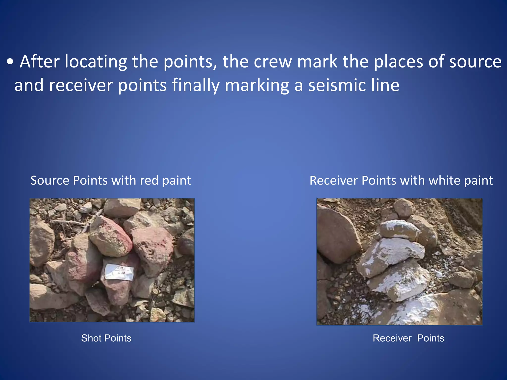 Shot Points Receiver Points
• After locating the points, the crew mark the places of source
and receiver points finally marking a seismic line
Source Points with red paint Receiver Points with white paint
 
