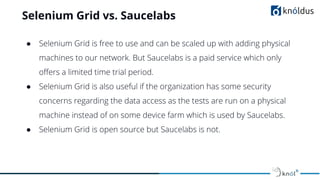Selenium Grid vs. Saucelabs
● Selenium Grid is free to use and can be scaled up with adding physical
machines to our network. But Saucelabs is a paid service which only
oﬀers a limited time trial period.
● Selenium Grid is also useful if the organization has some security
concerns regarding the data access as the tests are run on a physical
machine instead of on some device farm which is used by Saucelabs.
● Selenium Grid is open source but Saucelabs is not.
 