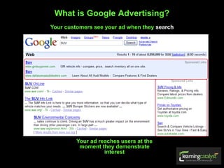 What is Google Advertising?
Your customers see your ad when they search
Your ad reaches users at the
moment they demonstrate
interest
 