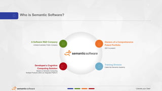 “Liberate your Data”
2
Who is Semantic Software?
A Software R&D Company
Unlisted Australian Public Company
Owners of a Comprehensive
Patent Portfolio
2001 to present
Developed a Cognitive
Computing Solution
Based on Semantic Computing
Multiple Products within an Integrated Platform
Training Division
Called the Semantic Academy
 