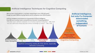 “Liberate your Data”
6
Artificial Intelligence Techniques for Cognitive Computing
IBM has been issued patents in, and been researching AI since 1956 (60 years)
Google has spent $Billions buying Patents and AI companies since 2010 (6 years)
Artificial Intelligence techniques do not guarantee Artificial Intelligence
Only IBM and ourselves have a comprehensive Semantic Computing platform
“The other major software companies are not doing Cognitive Computing” – IBM, 2014
“You can’t effectively analyse Big Data without knowledge of context” – IBM, 2016
Cognitive Computing
Cognitive Computing needs all of the above, especially
Semantic Computing
Artificial Intelligence,
but only if a Computer
does/creates
something,
independent
of humans
Semantic
Computing
Reasoning
&
Inferencing
Deep
Learning
Machine Learning &
Pattern Recognition
Semantic Computing
Probability
Reasoning
&
Inferencing
Natural Language
Processing
Natural Language
Processing
Deep Learning
 
