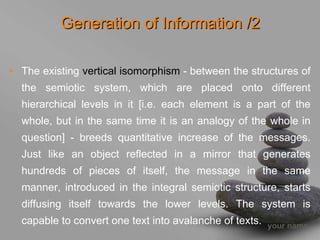 Generation of Information /2

• The existing vertical isomorphism - between the structures of
  the semiotic system, which are placed onto different
  hierarchical levels in it [i.e. each element is a part of the
  whole, but in the same time it is an analogy of the whole in
  question] - breeds quantitative increase of the messages.
  Just like an object reflected in a mirror that generates
  hundreds of pieces of itself, the message in the same
  manner, introduced in the integral semiotic structure, starts
  diffusing itself towards the lower levels. The system is
  capable to convert one text into avalanche of texts.   your name
 