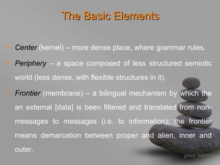 The Basic Elements

• Center (kernel) – more dense place, where grammar rules.

• Periphery – a space composed of less structured semiotic
  world (less dense, with flexible structures in it).

• Frontier (membrane) – a bilingual mechanism by which the
  an external [data] is been filtered and translated from non-
  messages to messages (i.e. to information); the frontier
  means demarcation between proper and alien, inner and
  outer.
                                                        your name
 