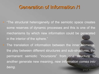 Generation of Information /1

• “The structural heterogeneity of the semiotic space creates
  some reserves of dynamic processes and this is one of the
  mechanisms by which new information could be generated
  in the interior of the sphere.”
• The translation of information between the inner elements,
  the play between different structures and sub-structures, the
  permanent semiotic “incursions” from one structure to
  another generate new meaning, new information comes into
  being.
                                                      your name
 