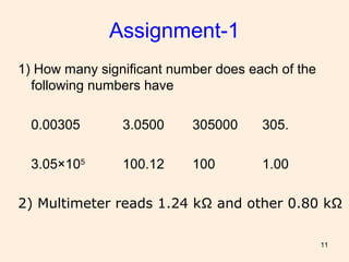 11
Assignment-1
1) How many significant number does each of the
following numbers have
0.00305 3.0500 305000 305.
3.05×105
100.12 100 1.00
2) Multimeter reads 1.24 kΩ and other 0.80 kΩ
 