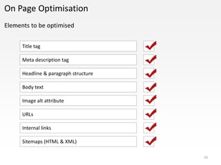 On Page Optimisation
Elements to be optimised


      Title tag

      Meta description tag

      Headline & paragraph structure

      Body text

      Image alt attribute

      URLs

      Internal links

      Sitemaps (HTML & XML)

                                       33
 