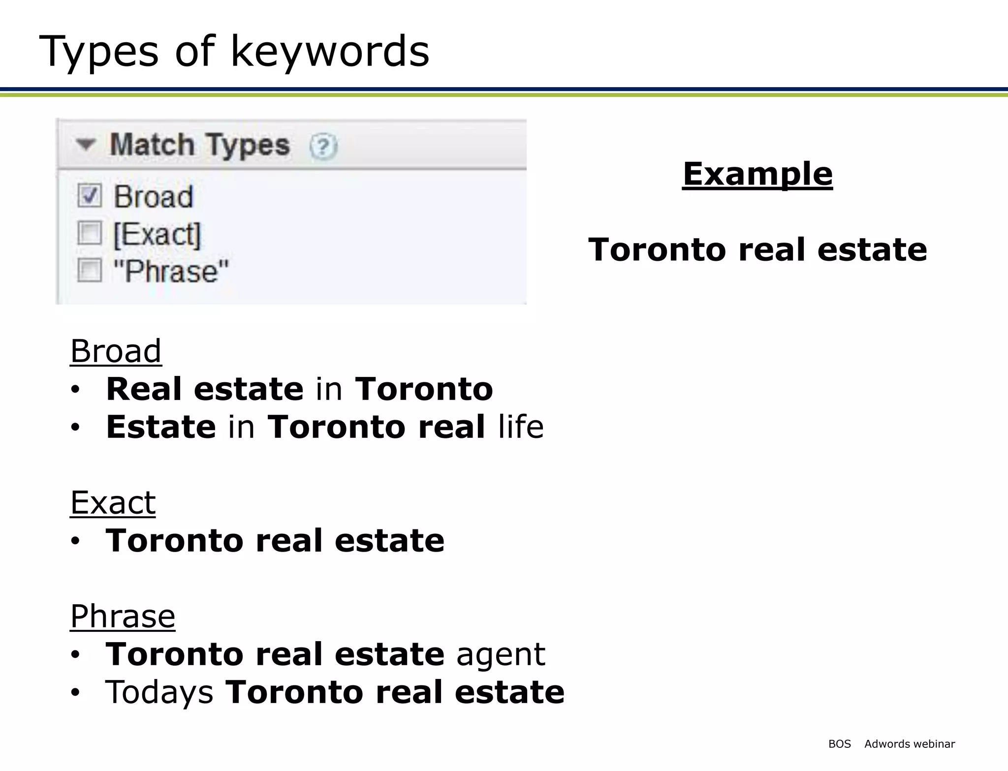 Types of keywords

                                      Example

                                 Toronto real estate


 Broad
 • Real estate in Toronto
 • Estate in Toronto real life

 Exact
 • Toronto real estate

 Phrase
 • Toronto real estate agent
 • Todays Toronto real estate
                                              BOS   Adwords webinar
 