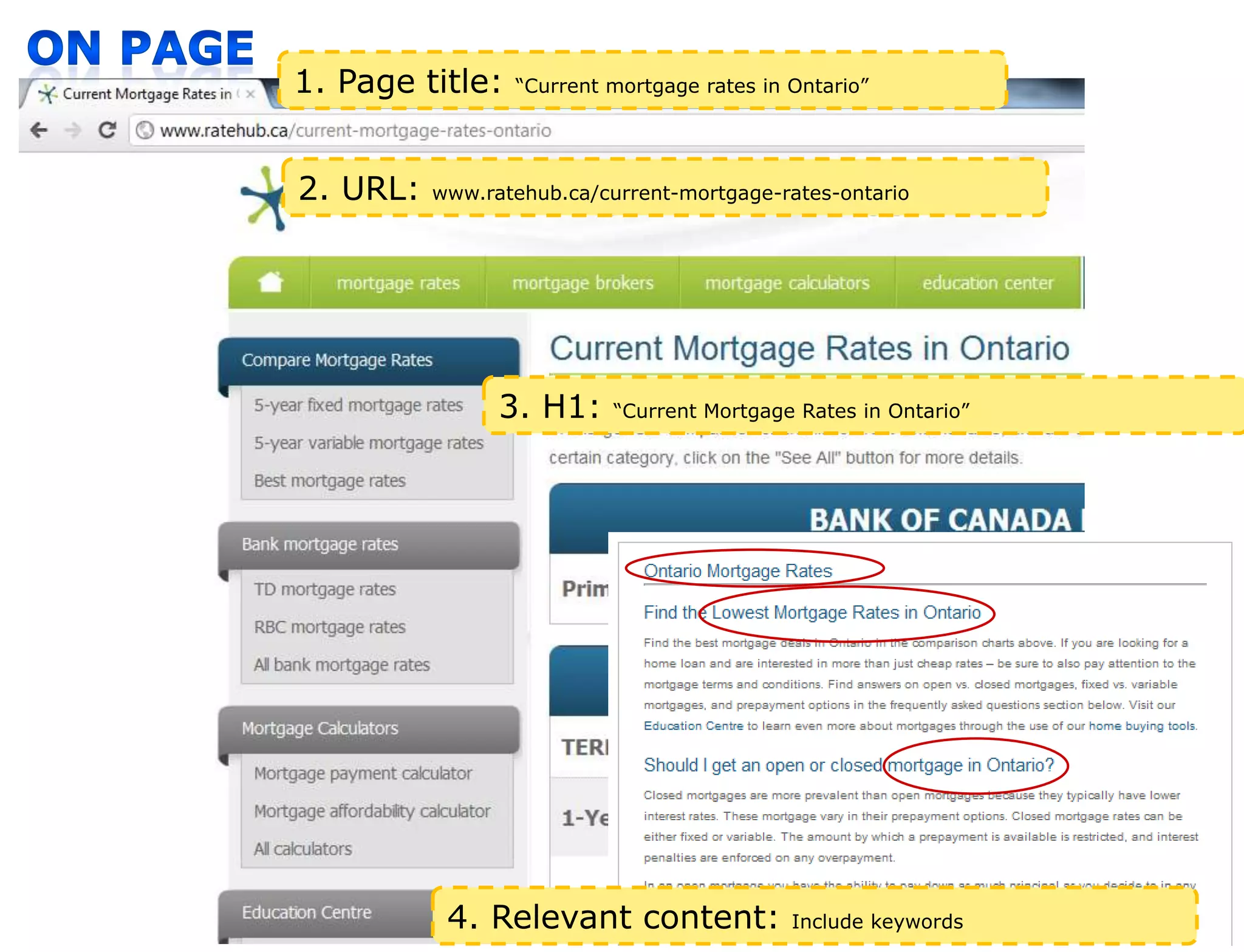 Organic vs.Page title:
         1. paid search   “Current mortgage rates in Ontario”




         2. URL:   www.ratehub.ca/current-mortgage-rates-ontario




                         3. H1:     “Current Mortgage Rates in Ontario”




                    4. Relevant content:             Include keywords     BOS   Adwords webinar
 