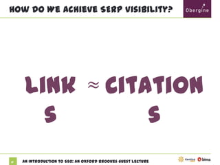 How Do We Achieve SERP Visibility?

Links ≈ Citations

17

An Introduction to SEO: An Oxford Brookes Guest Lecture

 
