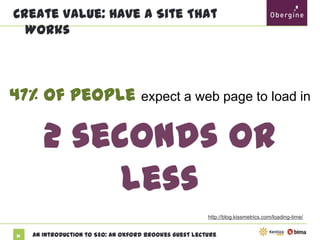 Create Value: Have A Site That Works

47% of people expect a web page to load in

2 seconds or less
http://blog.kissmetrics.com/loading-time/

31

An Introduction to SEO: An Oxford Brookes Guest Lecture

 
