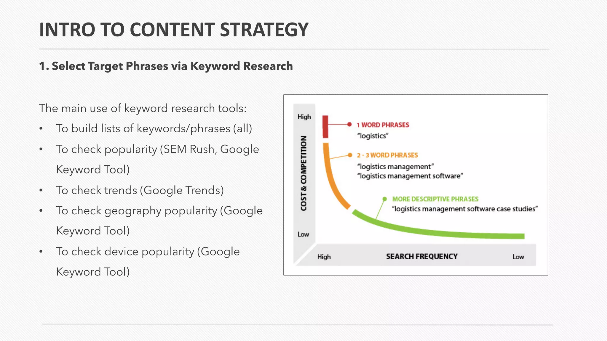 The main use of keyword research tools:
• To build lists of keywords/phrases (all)
• To check popularity (SEM Rush, Google
Keyword Tool)
• To check trends (Google Trends)
• To check geography popularity (Google
Keyword Tool)
• To check device popularity (Google
Keyword Tool)
INTRO TO CONTENT STRATEGY
1. Select Target Phrases via Keyword Research
 
