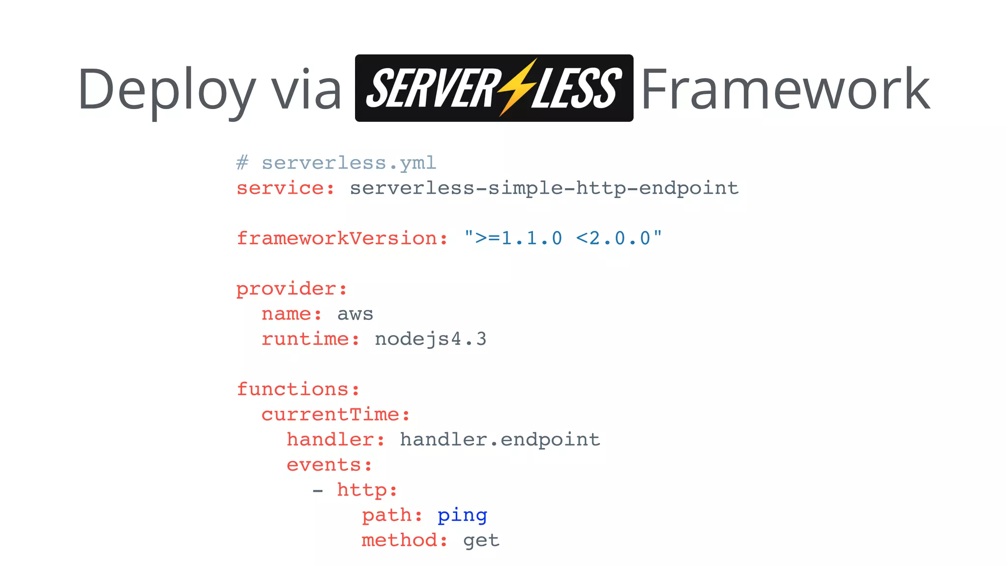 Deploy via Serverless Framework
# serverless.yml
service: serverless-simple-http-endpoint
frameworkVersion: ">=1.1.0 <2.0.0"
provider:
name: aws
runtime: nodejs4.3
functions:
currentTime:
handler: handler.endpoint
events:
- http:
path: ping
method: get
 