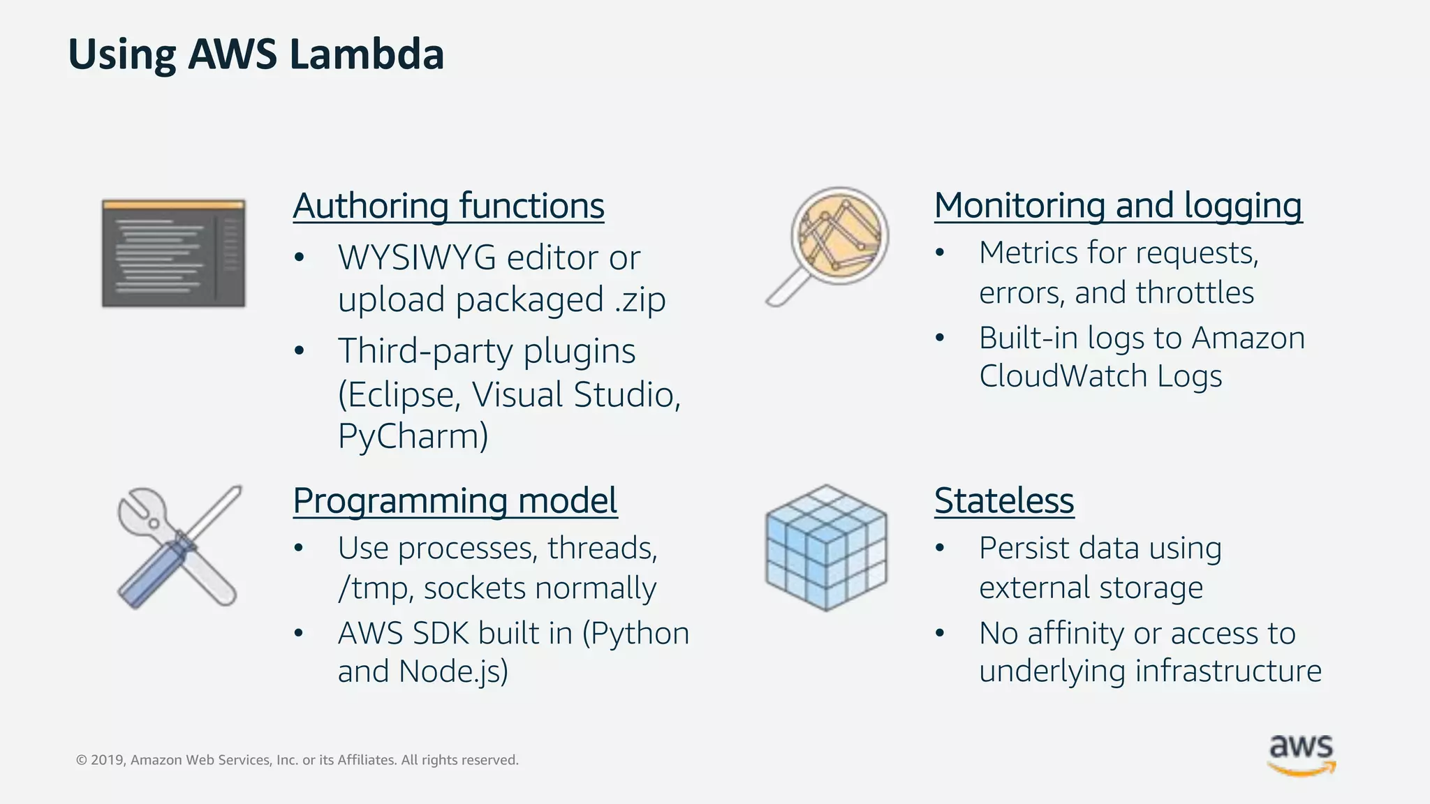 © 2019, Amazon Web Services, Inc. or its Affiliates. All rights reserved.
Using AWS Lambda
Authoring functions
• WYSIWYG editor or
upload packaged .zip
• Third-party plugins
(Eclipse, Visual Studio,
PyCharm)
Monitoring and logging
• Metrics for requests,
errors, and throttles
• Built-in logs to Amazon
CloudWatch Logs
Programming model
• Use processes, threads,
/tmp, sockets normally
• AWS SDK built in (Python
and Node.js)
Stateless
• Persist data using
external storage
• No affinity or access to
underlying infrastructure
 