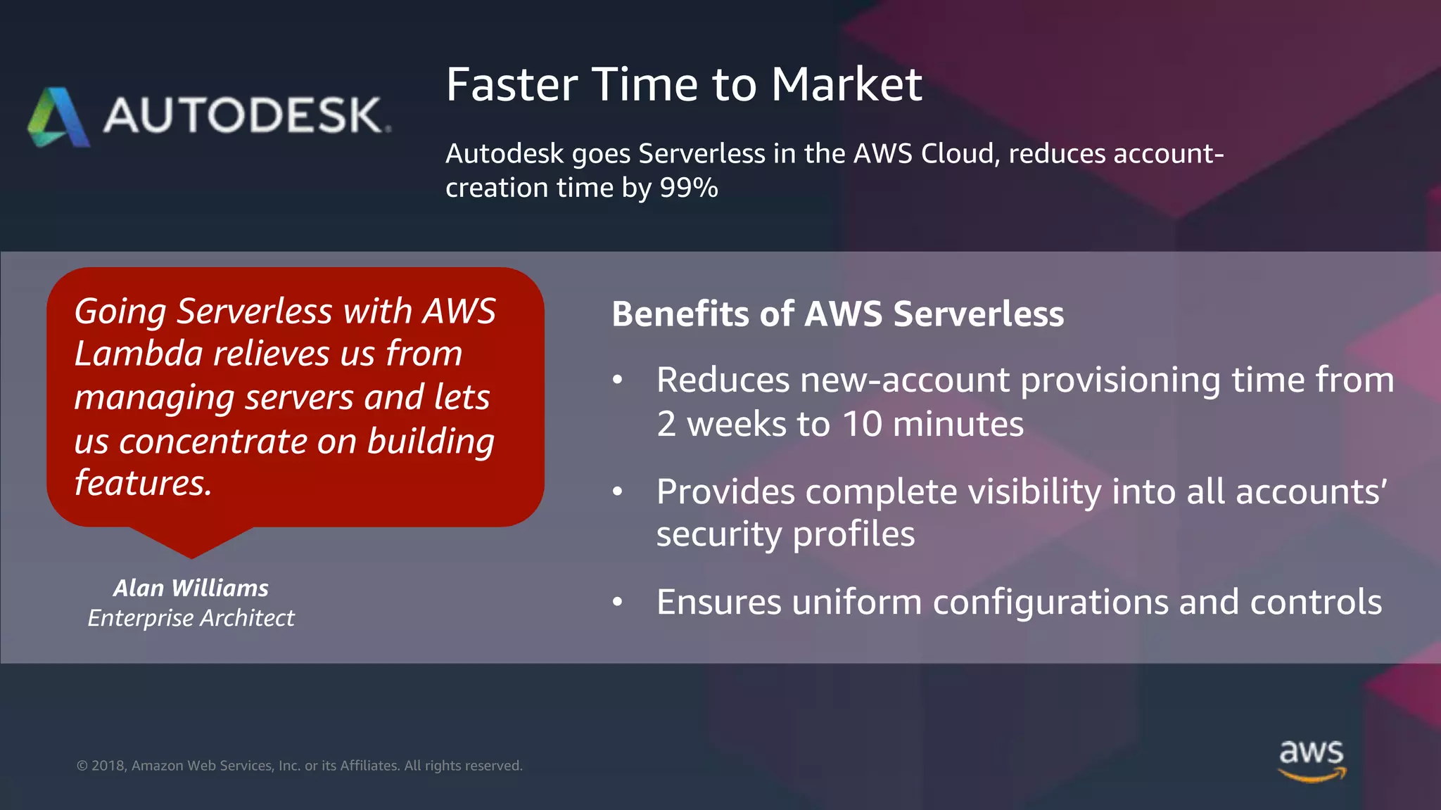 © 2019, Amazon Web Services, Inc. or its Affiliates. All rights reserved.© 2018, Amazon Web Services, Inc. or its Affiliates. All rights reserved.
Benefits of AWS Serverless
• Reduces new-account provisioning time from
2 weeks to 10 minutes
• Provides complete visibility into all accounts’
security profiles
• Ensures uniform configurations and controls
Faster Time to Market
Autodesk goes Serverless in the AWS Cloud, reduces account-
creation time by 99%
Going Serverless with AWS
Lambda relieves us from
managing servers and lets
us concentrate on building
features.
Alan Williams
Enterprise Architect
 