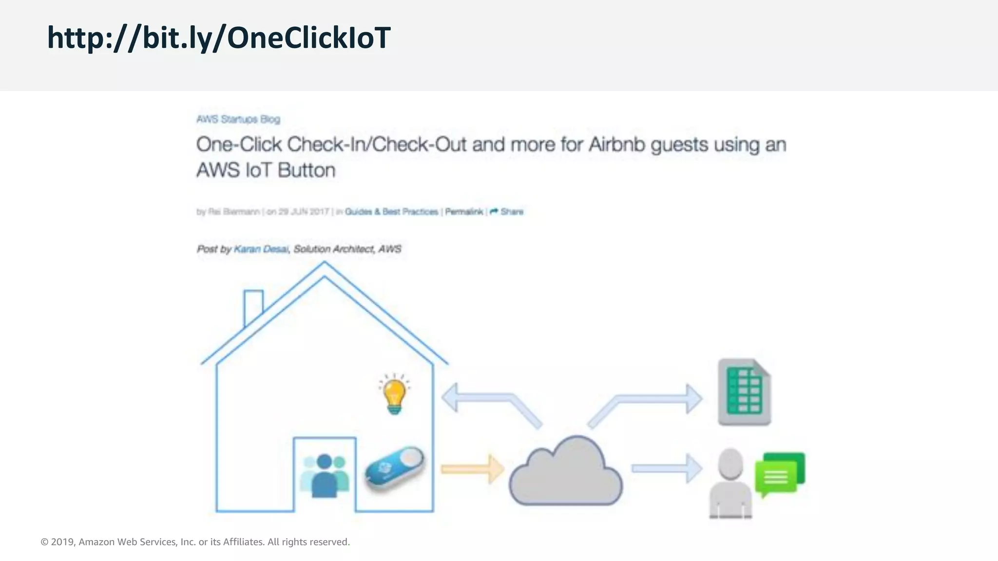 © 2019, Amazon Web Services, Inc. or its Affiliates. All rights reserved.
© 2019, Amazon Web Services, Inc. or its Affiliates. All rights reserved.
http://bit.ly/OneClickIoT
 