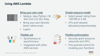 © 2019, Amazon Web Services, Inc. or its Affiliates. All rights reserved.
Using AWS Lambda
Bring your own code
• Node.js, Java, Python, C#,
.Net Core 2.0, GO, Ruby
• Bring your own libraries
(even native ones)
• Layers
Simple resource model
• Select power rating from
128 MB to 3 GB
• CPU and network
allocated proportionately
Flexible use
• Synchronous or
asynchronous
• Integrated with other
AWS services
Flexible authorization
• Securely grant access to
resources and VPCs
• Fine-grained control for
invoking your functions
 