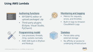 © 2019, Amazon Web Services, Inc. or its Affiliates. All rights reserved.
Using AWS Lambda
Authoring functions
• WYSIWYG editor or
upload packaged .zip
• Third-party plugins
(Eclipse, Visual Studio,
PyCharm)
Monitoring and logging
• Metrics for requests,
errors, and throttles
• Built-in logs to Amazon
CloudWatch Logs
Programming model
• Use processes, threads,
/tmp, sockets normally
• AWS SDK built in (Python
and Node.js)
Stateless
• Persist data using
external storage
• No affinity or access to
underlying infrastructure
 