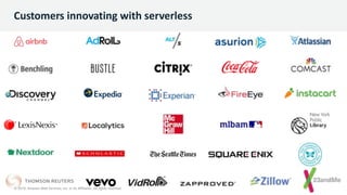© 2019, Amazon Web Services, Inc. or its Affiliates. All rights reserved.
© 2019, Amazon Web Services, Inc. or its Affiliates. All rights reserved.
Customers innovating with serverless
 