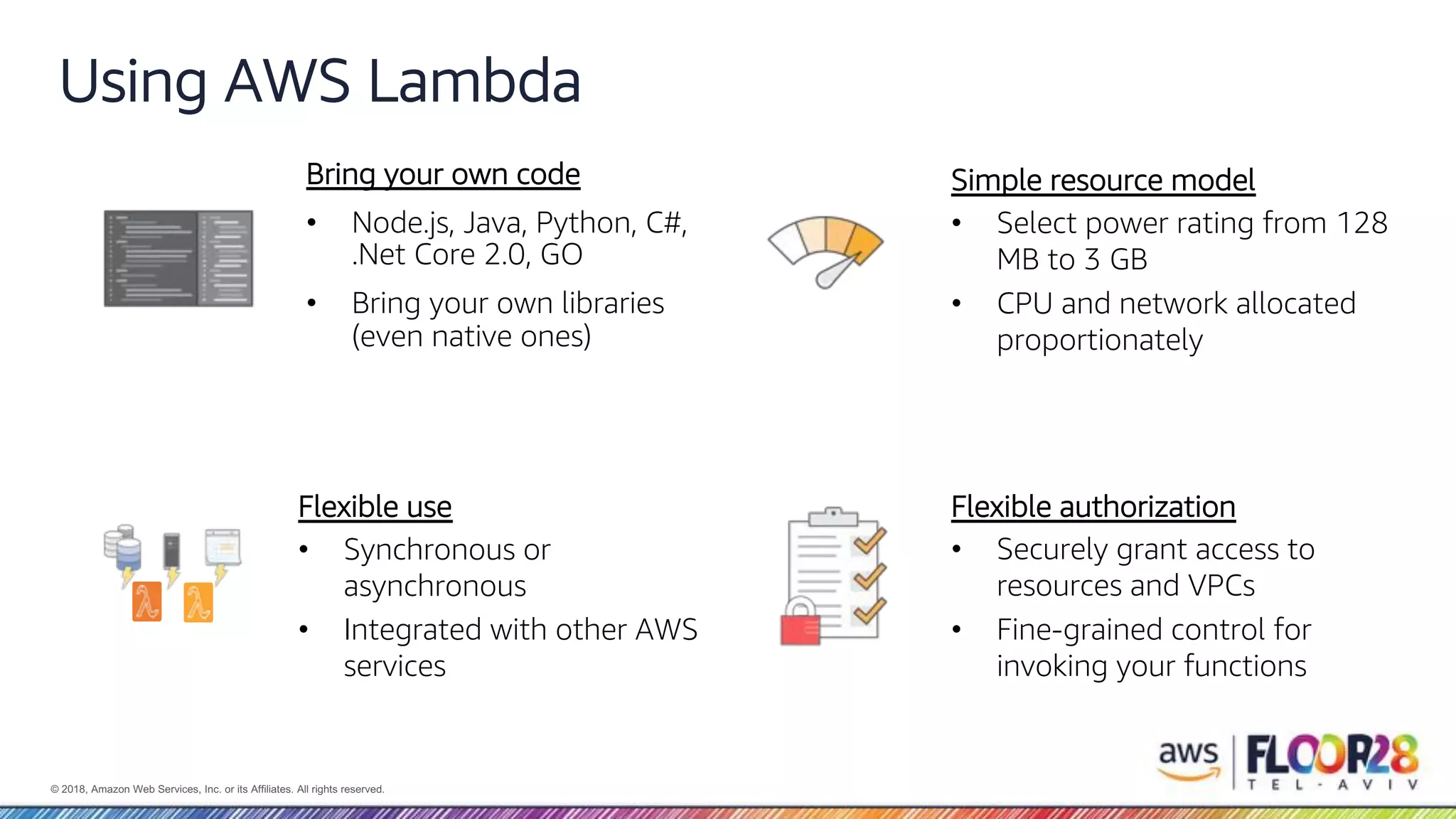 © 2018, Amazon Web Services, Inc. or its Affiliates. All rights reserved. Using AWS Lambda Bring your own code • Node.js, Java, Python, C#, .Net Core 2.0, GO • Bring your own libraries (even native ones) Simple resource model • Select power rating from 128 MB to 3 GB • CPU and network allocated proportionately Flexible use • Synchronous or asynchronous • Integrated with other AWS services Flexible authorization • Securely grant access to resources and VPCs • Fine-grained control for invoking your functions 