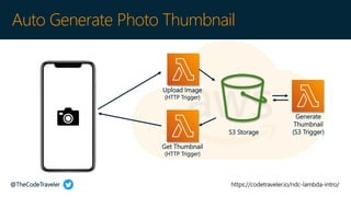 @TheCodeTraveler https://codetraveler.io/ndc-lambda-intro/
Get Thumbnail
(HTTP Trigger)
Generate
Thumbnail
(S3 Trigger)
Upload Image
(HTTP Trigger)
S3 Storage
Auto Generate Photo Thumbnail
 