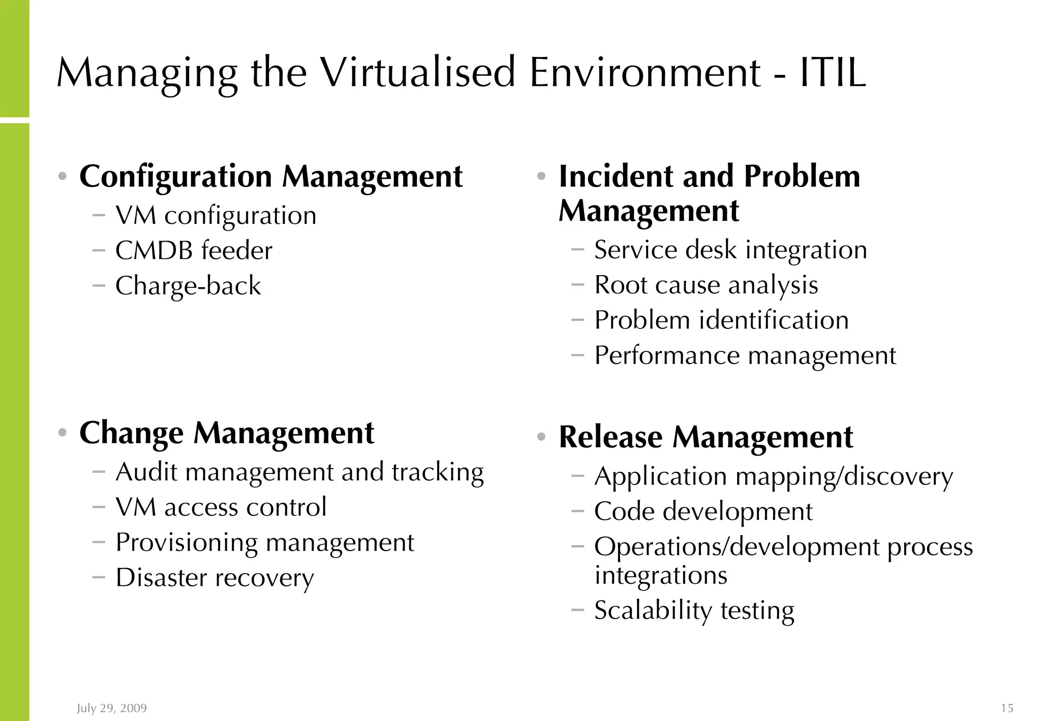 Managing the Virtualised Environment - ITIL Configuration Management VM configuration CMDB feeder Charge-back Change Management Audit management and tracking VM access control Provisioning management Disaster recovery Incident and Problem Management Service desk integration Root cause analysis Problem identification Performance management Release Management Application mapping/discovery Code development Operations/development process integrations Scalability testing 