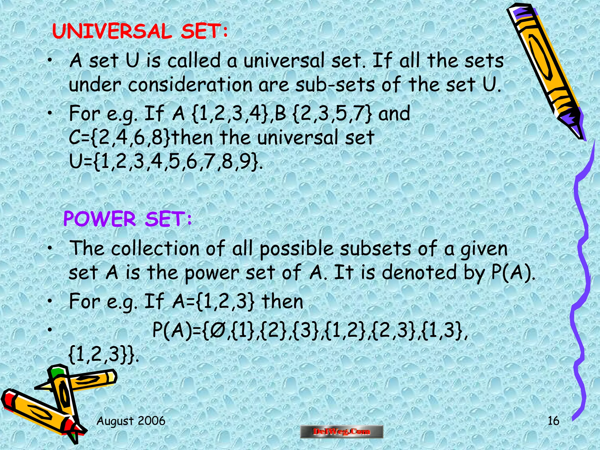 August 2006 16
UNIVERSAL SET:
• A set U is called a universal set. If all the sets
under consideration are sub-sets of the set U.
• For e.g. If A {1,2,3,4},B {2,3,5,7} and
C={2,4,6,8}then the universal set
U={1,2,3,4,5,6,7,8,9}.
POWER SET:
• The collection of all possible subsets of a given
set A is the power set of A. It is denoted by P(A).
• For e.g. If A={1,2,3} then
• P(A)={Ø,{1},{2},{3},{1,2},{2,3},{1,3},
{1,2,3}}.
 