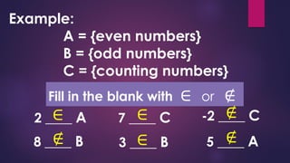 Example:
A = {even numbers}
B = {odd numbers}
C = {counting numbers}
Fill in the blank with ∈ or ∉
∉
2 ____ A
8 ____ B
7 ____ C
5 ____ A3 ____ B
-2 ____ C∈ ∈
∈
∉
∉
 