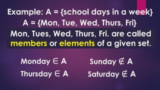 Example: A = {school days in a week}
A = {Mon, Tue, Wed, Thurs, Fri}
Mon, Tues, Wed, Thurs, Fri. are called
members or elements of a given set.
Monday ∈ A Sunday ∉ A
Thursday ∈ A Saturday ∉ A
 