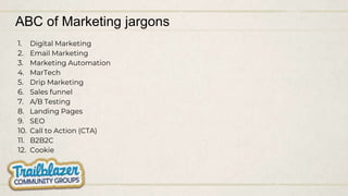 ABC of Marketing jargons
1. Digital Marketing
2. Email Marketing
3. Marketing Automation
4. MarTech
5. Drip Marketing
6. Sales funnel
7. A/B Testing
8. Landing Pages
9. SEO
10. Call to Action (CTA)
11. B2B2C
12. Cookie
 