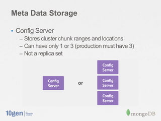 Meta Data Storage

• Config Server
   – Stores cluster chunk ranges and locations
   – Can have only 1 or 3 (production must have 3)
   – Not a replica set
 