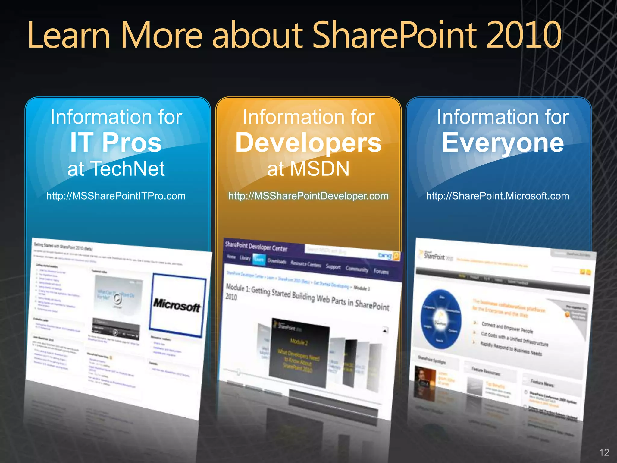 Learn More about SharePoint 2010Information forIT Prosat TechNethttp://MSSharePointITPro.comInformation forDevelopersat MSDNhttp://MSSharePointDeveloper.comInformation forEveryonehttp://SharePoint.Microsoft.com