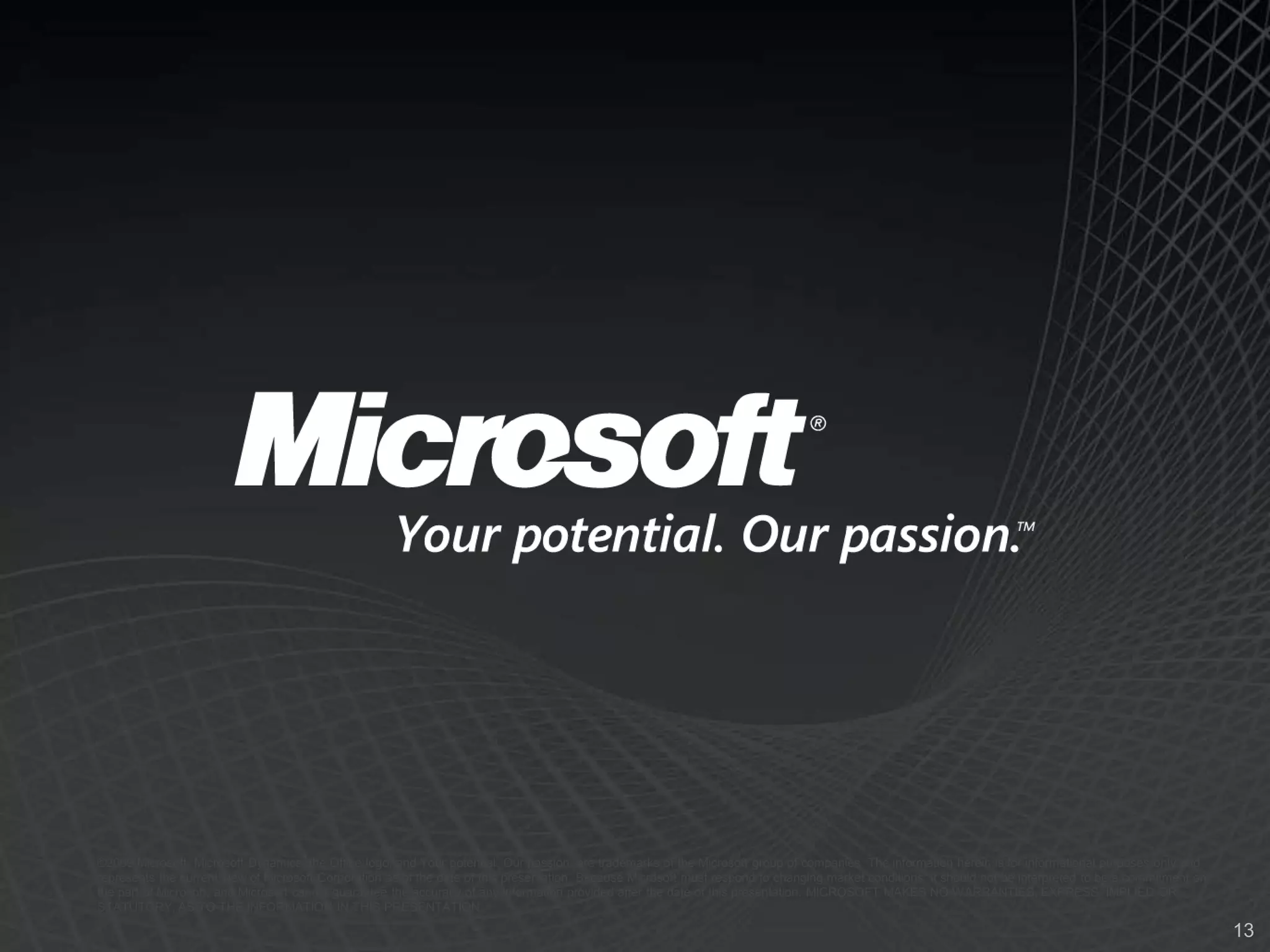 ©2009 Microsoft, Microsoft Dynamics, the Office logo, and Your potential. Our passion. are trademarks of the Microsoft group of companies. The information herein is for informational purposes only and represents the current view of Microsoft Corporation as of the date of this presentation. Because Microsoft must respond to changing market conditions, it should not be interpreted to be a commitment on the part of Microsoft, and Microsoft cannot guarantee the accuracy of any information provided after the date of this presentation. MICROSOFT MAKES NO WARRANTIES, EXPRESS, IMPLIED OR STATUTORY, AS TO THE INFORMATION IN THIS PRESENTATION.