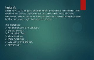 Insights

SharePoint 2010 Insights enables users to access and interact with
information across unstructured and structured data sources.
Empower users to discover the right people and expertise to make
better and more agile business decisions.

This includes:
 Performance Point Services
 Excel Services
 Chart Web Part
 Visio Services
 Web Analytics
 SQL Server Integration
 PowerPivot

 