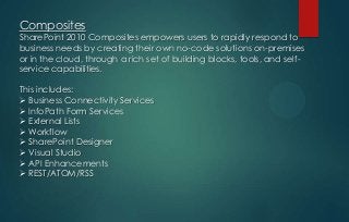 Composites

SharePoint 2010 Composites empowers users to rapidly respond to
business needs by creating their own no-code solutions on-premises
or in the cloud, through a rich set of building blocks, tools, and selfservice capabilities.

This includes:
 Business Connectivity Services
 InfoPath Form Services
 External Lists
 Workflow
 SharePoint Designer
 Visual Studio
 API Enhancements
 REST/ATOM/RSS

 