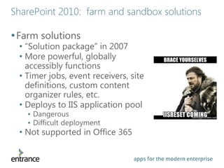 apps for the modern enterprise
SharePoint 2010: farm and sandbox solutions
•Farm solutions
• “Solution package” in 2007
• More powerful, globally
accessibly functions
• Timer jobs, event receivers, site
definitions, custom content
organizer rules, etc.
• Deploys to IIS application pool
• Dangerous
• Difficult deployment
• Not supported in Office 365
 