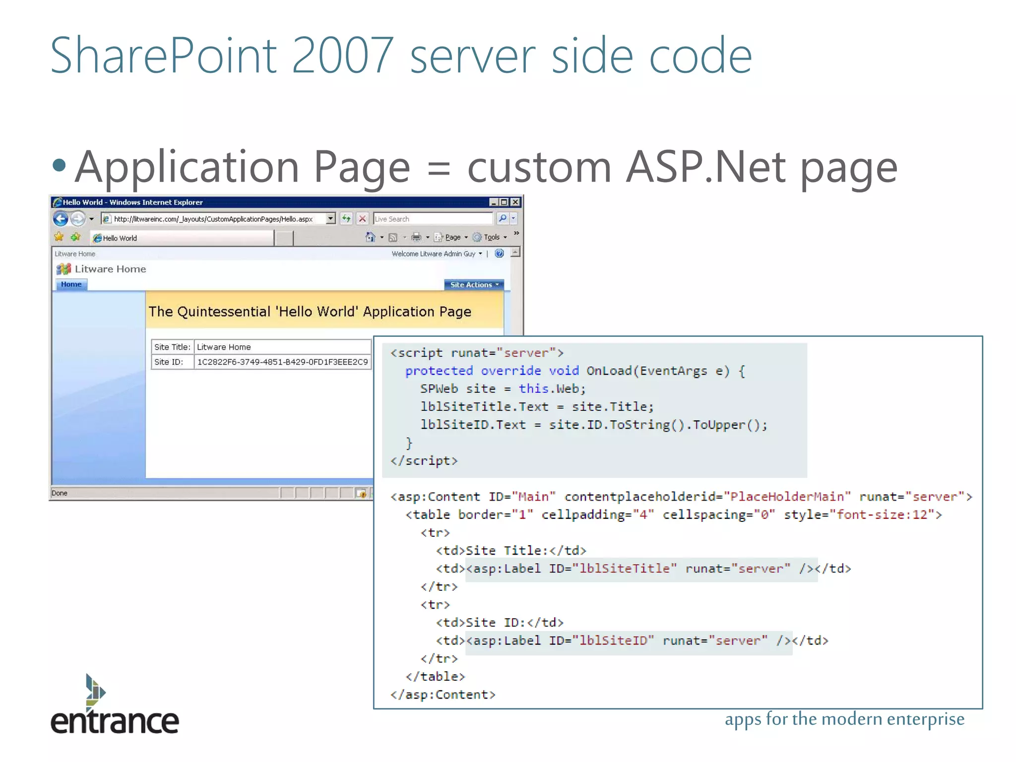 apps for the modernenterprise
SharePoint 2007 server side code
•Application Page = custom ASP.Net page
 