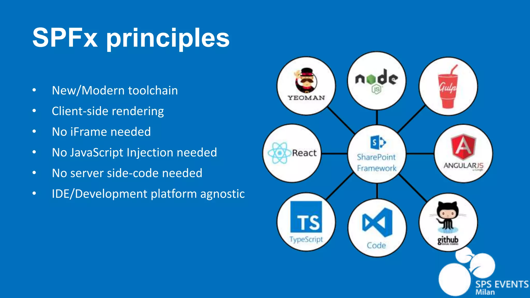 SPFx principles • New/Modern toolchain • Client-side rendering • No iFrame needed • No JavaScript Injection needed • No server side-code needed • IDE/Development platform agnostic 