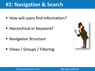 sharepointmaven.com @gregoryzelfondsharepointmaven.com @gregoryzelfond
#1: Site Hierarchy
Determine Site Collection Structure
(for each site collection)
Department
Sites
Project
Sites
Business
Portals
External
Sites
 