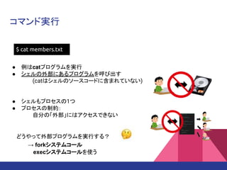 コマンド実行
$ cat members.txt
● 例はcatプログラムを実行
● シェルの外部にあるプログラムを呼び出す
(catはシェルのソースコードに含まれていない)
● シェルもプロセスの1つ
● プロセスの制約：
自分の「外部」にはアクセスできない
どうやって外部プログラムを実行する？
→ forkシステムコール
　 execシステムコールを使う
 